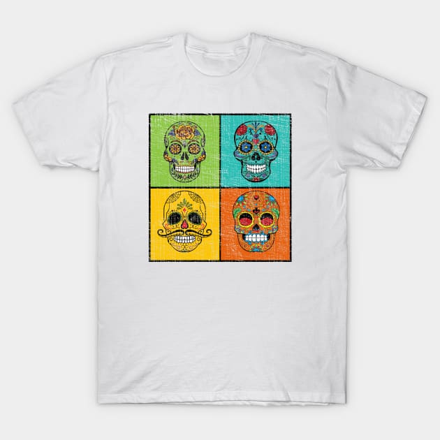 Mexican Day of the Dead Sugar Skulls Pop Art Distressed T-Shirt by Webdango